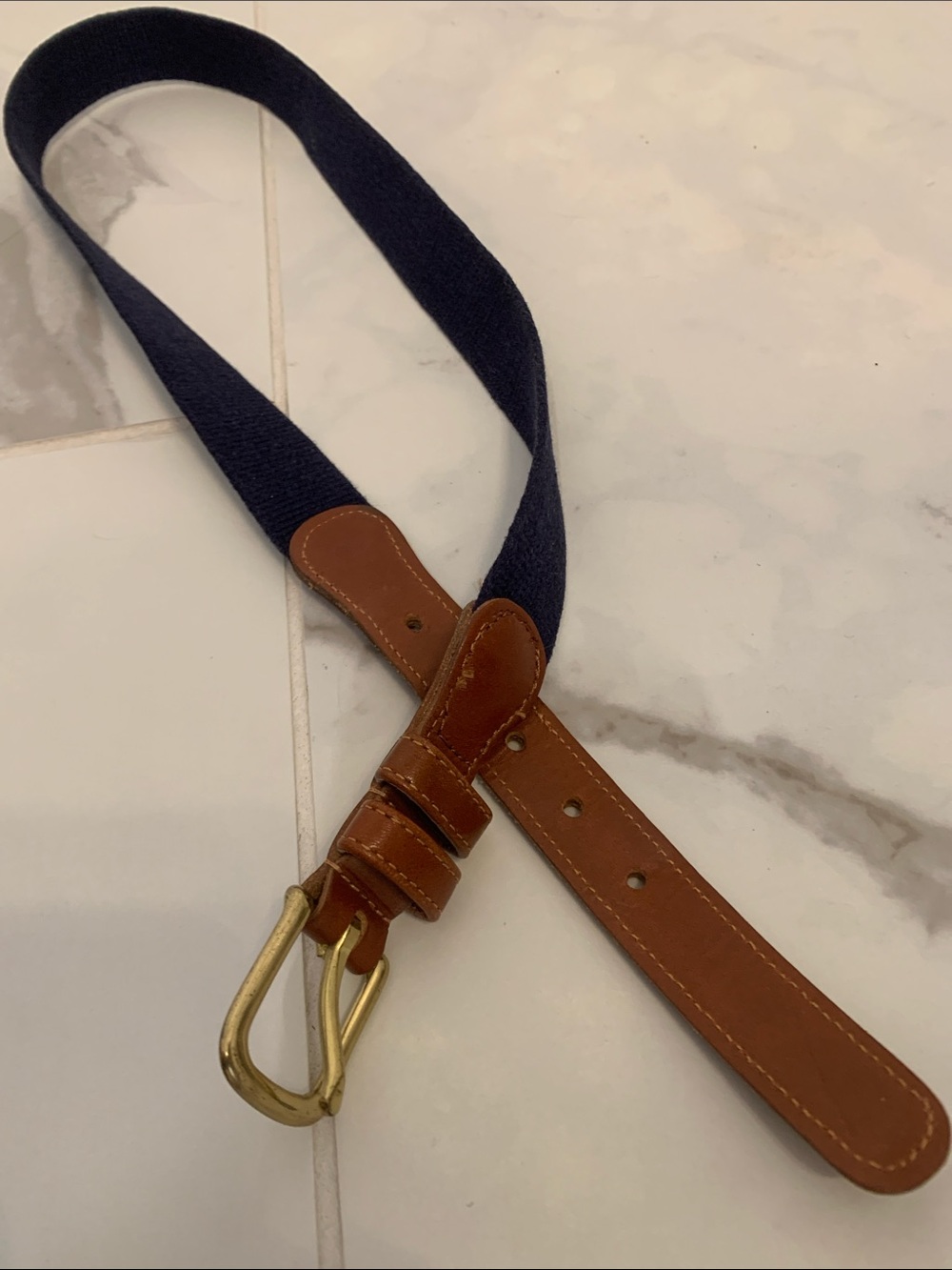 Coach Brown Leather-Trim Navy Web Belt Strap with Brass Buckle